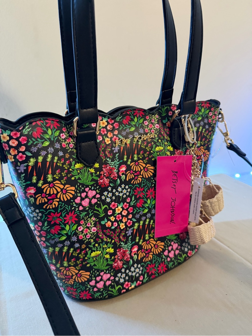 Betsey Johnson Black Floral Tote with Multicolor Blooms and Charm - Picture 3 of 7